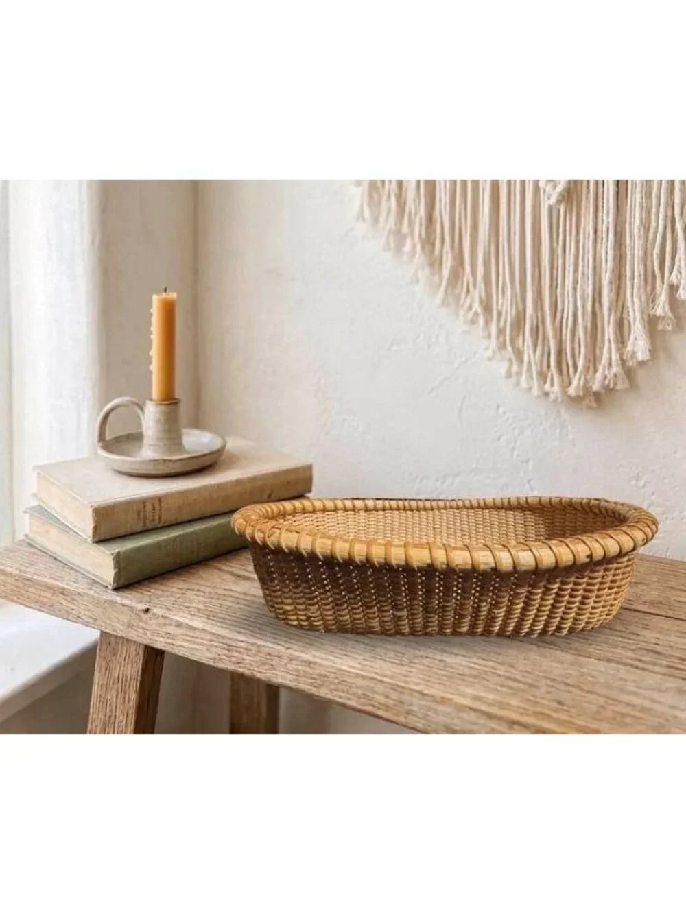 Vintage Handwoven Nantucket Style Oval Bread Basket | Solid Hardwood Base | Coas